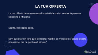 LA TUA OFFERTA
La tua offerta deve essere così irresistibile da far sentire le persone
sciocche a riﬁutarla.
Esatto, hai capito bene.
Devi suscitare in loro quel pensiero: “Oddio, se mi lascio sfuggire questa
occasione, me ne pentirò di sicuro!”
 