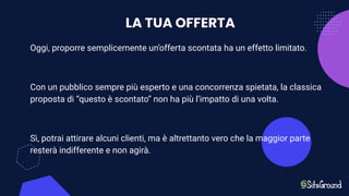 LA TUA OFFERTA
Oggi, proporre semplicemente un’offerta scontata ha un effetto limitato.
Con un pubblico sempre più esperto e una concorrenza spietata, la classica
proposta di “questo è scontato” non ha più l’impatto di una volta.
Sì, potrai attirare alcuni clienti, ma è altrettanto vero che la maggior parte
resterà indifferente e non agirà.
 