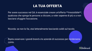 LA TUA OFFERTA
Per avere successo nel Q4, è essenziale creare un’offerta **irresistibile**,
qualcosa che spinga le persone a cliccare, a voler saperne di più e a non
lasciarsi sfuggire l’occasione.
Ricorda: se non lo fai, stai letteralmente lasciando soldi sul tavolo.
Basta osservare i grandi brand e le aziende di successo per rendersene
conto.
 