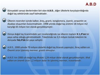 A.B.D Dünyadaki sanayi devlerinden biri olan  A.B.D ., diğer ülkelerle karşılaştırıldığında doğal taş   sektöründe zayıf kalmaktadır.  Ülkenin rezervleri içinde kalker, breş, granit, konglomera,   siyenit, serpantin ve diyabaz oluşumları bulunmaktadır. 1998 yılında doğal taş üretimi   18 milyon m2 karşılığı 65 milyon ton olarak gerçekleşmiştir. Dünya doğal taş ticaretindeki yeri incelendiğinde ise ülkenin toplam  %  1,9'luk  bir paya   sahip olduğu görülmektedir. Tüketimde ise 3,5 milyon tonluk tüketimi ile dünyada  %6,4'lük  bir paya sahiptir. A.B D., 2000 yılında 79 milyon dolarlık doğal taş ihracatı yapmıştır, ihraç edilen en Önemli   ürün İşlenmiş mermer, granit olmuştur. A.B.D.'nin 2000 yılı doğal taş ithalatı 1,24 milyar dolar olarak gerçekleşmiştir, ithal edilen   en önemli ürün 1,2 milyon dolar ile işlenmiş mermer, traverten dir. 