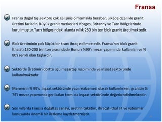 Fransa Fransa doğal taş sektörü çok gelişmiş olmamakla beraber, ülkede özellikle granit üretimi   fazladır. Büyük granit merkezleri Vosges, Britanny ve Tarn bölgelerinde kurul muştur.Tarn   bölgesindeki alanda yıllık 250 bin ton blok granit üretilmektedir. Blok üretiminin çok küçük   bir kısmı ihraç edilmektedir. Fransa'nın blok granit İthalatı 180-200 bin ton arasındadır   Bunun %90'ı mezar yapımında kullanılan ve % 80'i renkli olan taşlardır.  Sektörde Üretimin   dörtte üçü mezartaşı yapımında ve inşaat sektöründe kullanılmaktadır.  Mermerin % 99'u   inşaat sektöründe yapı malzemesi olarak kullanılırken, granitin % 75'i mezar yapımında geri   kalan kısmı da inşaat sektöründe değerlendirilmektedir. Son yıllarda Fransa doğaltaş sanayi, üretim-tüketim, ihracat-ithal at ve yatınmlar konusunda   önemli bir ilerleme kaydetmemiştir.  