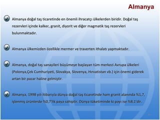 Almanya Almanya doğal taş ticaretinde en önemli ihracatçı ülkelerden biridir. Doğal taş rezervleri   içinde kalker, granit, diyorit ve diğer magmatik taş rezervleri bulunmaktadır.  Almanya ülkemizden özellikle mermer ve traverten ithalatı yapmaktadır. Almanya, doğal taş sanayileri büyümeye başlayan tüm merkezi Avrupa ülkeleri (Polonya,Çek Cumhuriyeti, Slovakya, Slovenya, Hırvatistan vb.) için önemi giderek artan bir  p azar   haline gelmiştir. Almanya, 1998 yılı İtibarıyla dünya doğal taş ticaretinde ham granit alanında %1,7, işlenmiş ürünlerde %0,7'lik paya sahiptir. Dünya tüketiminde ki payı ise %8,1'dir. 