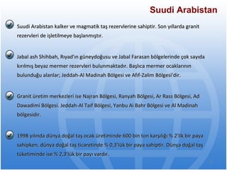 Suudi Arabistan Suudi Arabistan kalker ve magmatik taş rezervlerine sahiptir. Son yıllarda granit rezervleri   de işletilmeye başlanmıştır.  Jabal ash Shihbah, Rıyad'ın güneydoğusu ve Jabal Farasan   bölgelerinde çok sayıda kırılmış beyaz mermer rezervleri bulunmaktadır. Başlıca mermer   ocaklarının bulunduğu alanlar; Jeddah-Al Madinah Bölgesi ve Afıf-Zalim Bölges i 'd i r. Granit üretim merkezleri ise Najran Bölgesi, Ranyah Bölgesi, Ar Rass Bölgesi, Ad   Dawadimi Bölgesi. Jeddah-Al Taif Bölgesi, Yanbu Ai Bahr Bölgesi ve Al Madinah  b ölgesidir. 1998 yılında dünya doğal taş ocak üretiminde 600 bin ton karşılığı % 2'lik bir paya   sahipken, dünya doğal taş ticaretinde % 0,3'Iük bir paya sahiptir. Dünya doğal taş   tüketiminde ise % 2,3'lük bir payı vardır . 