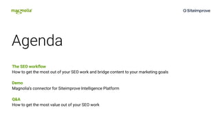 Agenda
   
The SEO workﬂow
How to get the most out of your SEO work and bridge content to your marketing goals
Demo
Magnolia’s connector for Siteimprove Intelligence Platform
Q&A
How to get the most value out of your SEO work    
 