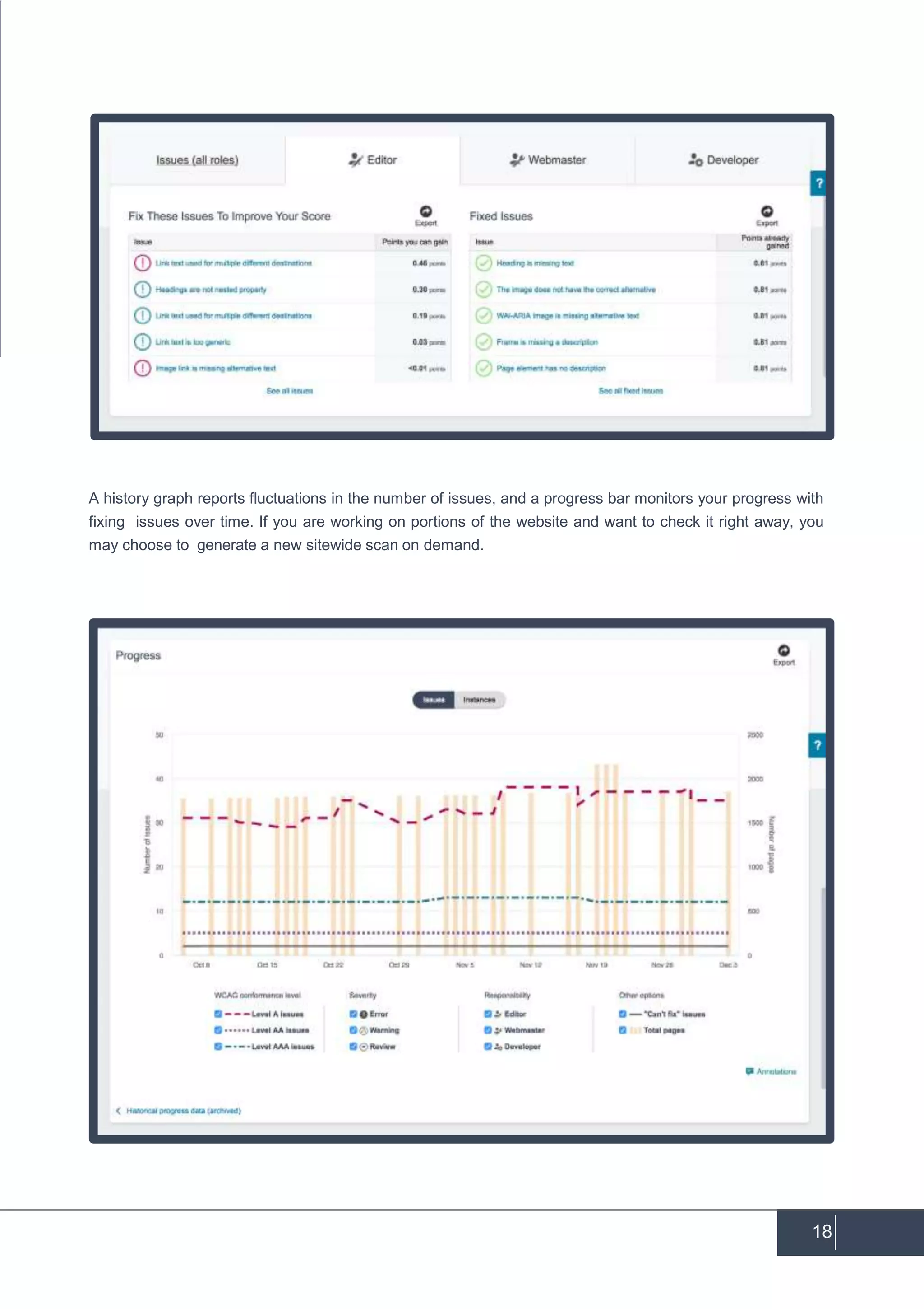 A history graph reports fluctuations in the number of issues, and a progress bar monitors your progress with
fixing issues over time. If you are working on portions of the website and want to check it right away, you
may choose to generate a new sitewide scan on demand.
18
 