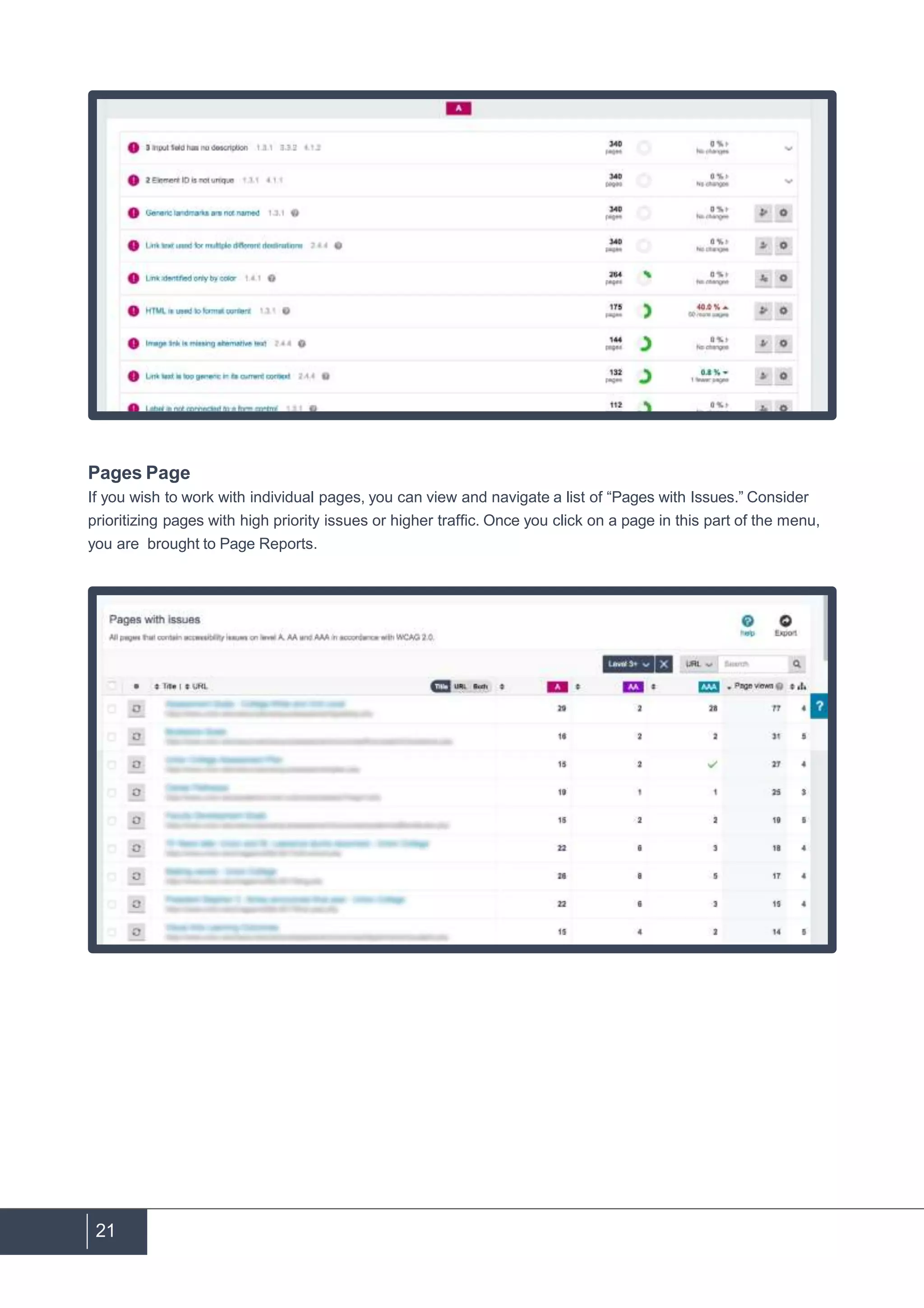 21
Pages Page
If you wish to work with individual pages, you can view and navigate a list of “Pages with Issues.” Consider
prioritizing pages with high priority issues or higher traffic. Once you click on a page in this part of the menu,
you are brought to Page Reports.
 