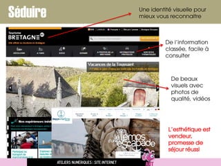 Une identité visuelle pour
mieux vous reconnaitre
De l’information
classée, facile à
consulter
De beaux
visuels avec
photos de
qualité, vidéos
L’esthétique est
vendeur,
promesse de
séjour réussi
Séduire
Ateliers numériques : site internet
 
