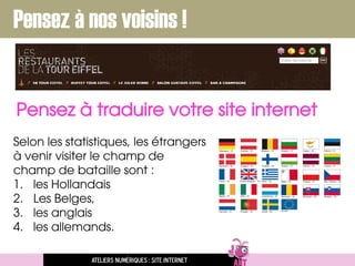 Pensez à traduire votre site internet
Selon les statistiques, les étrangers
à venir visiter le champ de
champ de bataille sont :
1. les Hollandais
2. Les Belges,
3. les anglais
4. les allemands.
Ateliers numériques : site internet
Pensez à nos voisins !
 
