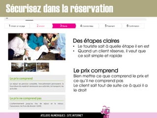 Le prix comprend
Bien mettre ce que comprend le prix et
ce qu’il ne comprend pas
Le client sait tout de suite ce à quoi il a
le droit
Des étapes claires
• Le touriste sait à quelle étape il en est
• Quand un client réserve, il veut que
ce soit simple et rapide
Ateliers numériques : site internet
Sécurisez dans la réservation
 
