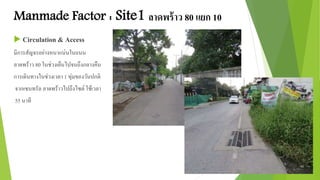 Manmade Factor : Site1 ลาดพร้าว 80 แยก 10 
 Circulation & Access 
มีการสัญจรอย่างหนาแน่นในถนน 
ลาดพร้าว 80 ในช่วงเย็นไปจนถึงกลางคืน 
การเดินทางในช่วงเวลา 1 ทุ่มของวันปกติ 
จากเซนทรัล ลาดพร้าวไปถึงไซต์ใช้เวลา 
55 นาที 
 