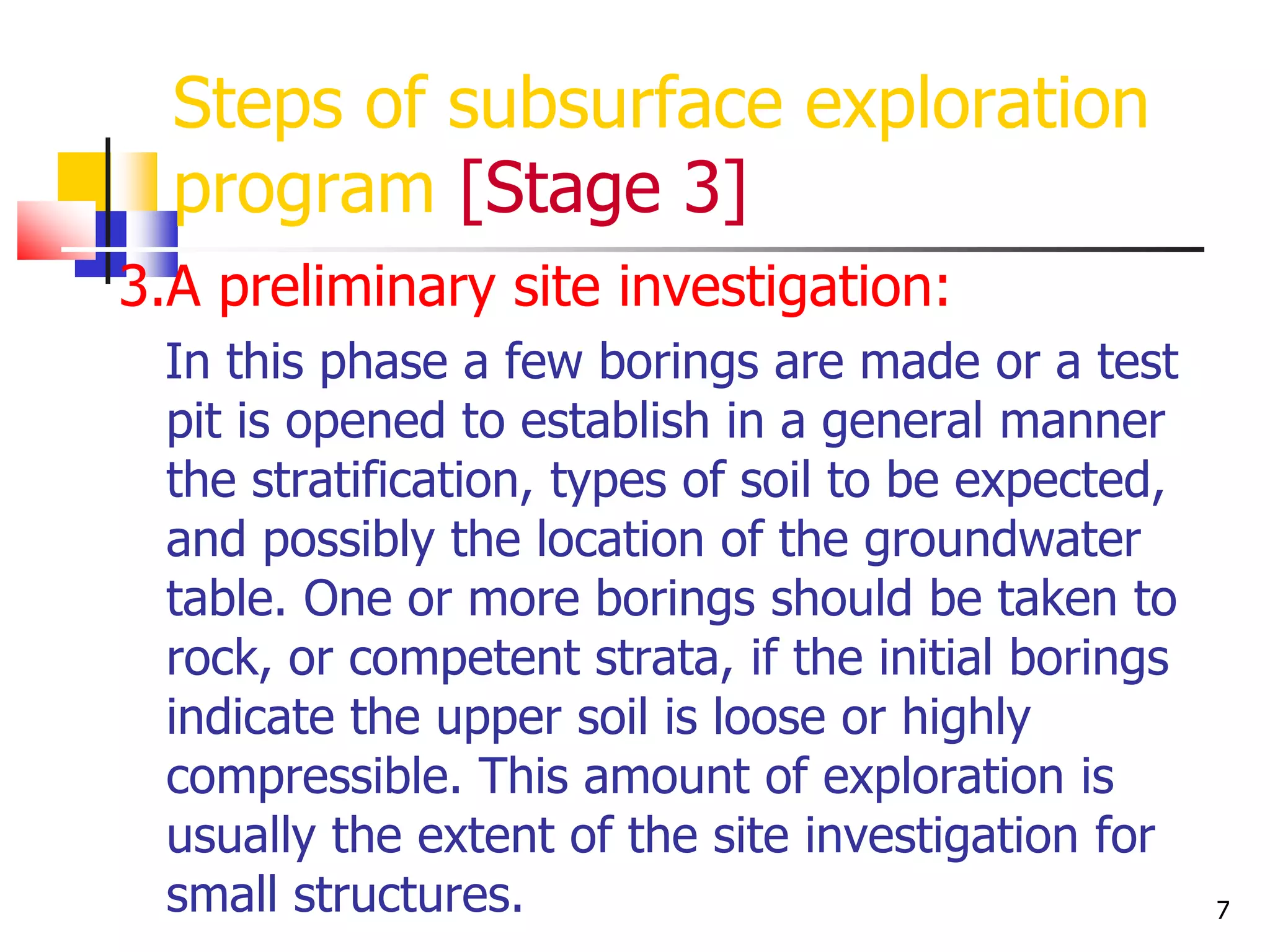7
Steps of subsurface exploration
program [Stage 3]
3.A preliminary site investigation:
In this phase a few borings are made or a test
pit is opened to establish in a general manner
the stratification, types of soil to be expected,
and possibly the location of the groundwater
table. One or more borings should be taken to
rock, or competent strata, if the initial borings
indicate the upper soil is loose or highly
compressible. This amount of exploration is
usually the extent of the site investigation for
small structures.
 