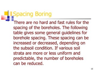 15
Spacing Boring
There are no hard and fast rules for the
spacing of the boreholes. The following
table gives some general guidelines for
borehole spacing. These spacing can be
increased or decreased, depending on
the subsoil condition. If various soil
strata are more or less uniform and
predictable, the number of boreholes
can be reduced.
 