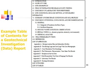 55
Example Table
of Contents for
a Geotechnical
Investigation
(Data) Report
 