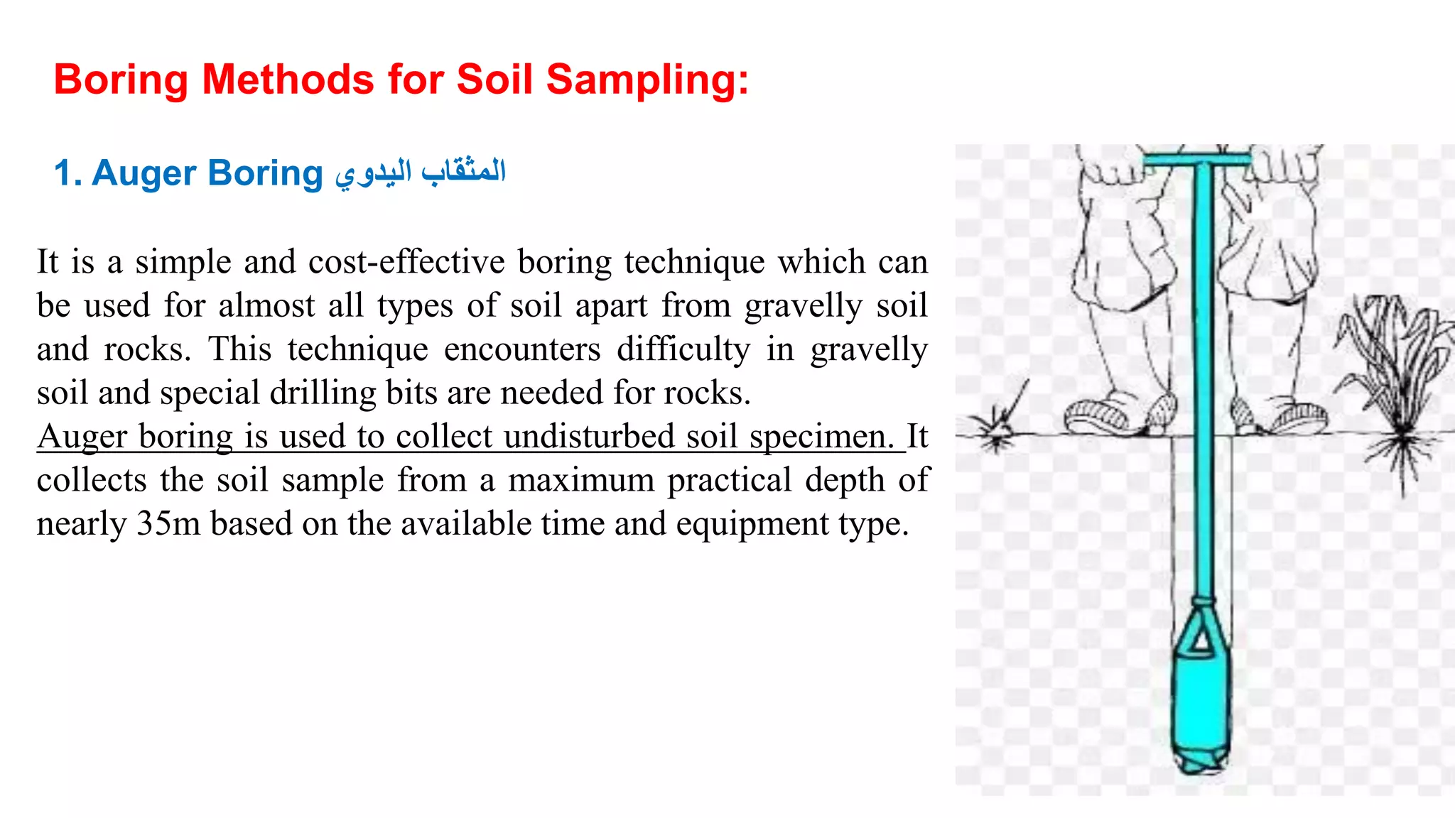 Boring Methods for Soil Sampling:
1. Auger Boring ‫اليدوي‬ ‫المثقاب‬
It is a simple and cost-effective boring technique which can
be used for almost all types of soil apart from gravelly soil
and rocks. This technique encounters difficulty in gravelly
soil and special drilling bits are needed for rocks.
Auger boring is used to collect undisturbed soil specimen. It
collects the soil sample from a maximum practical depth of
nearly 35m based on the available time and equipment type.
 