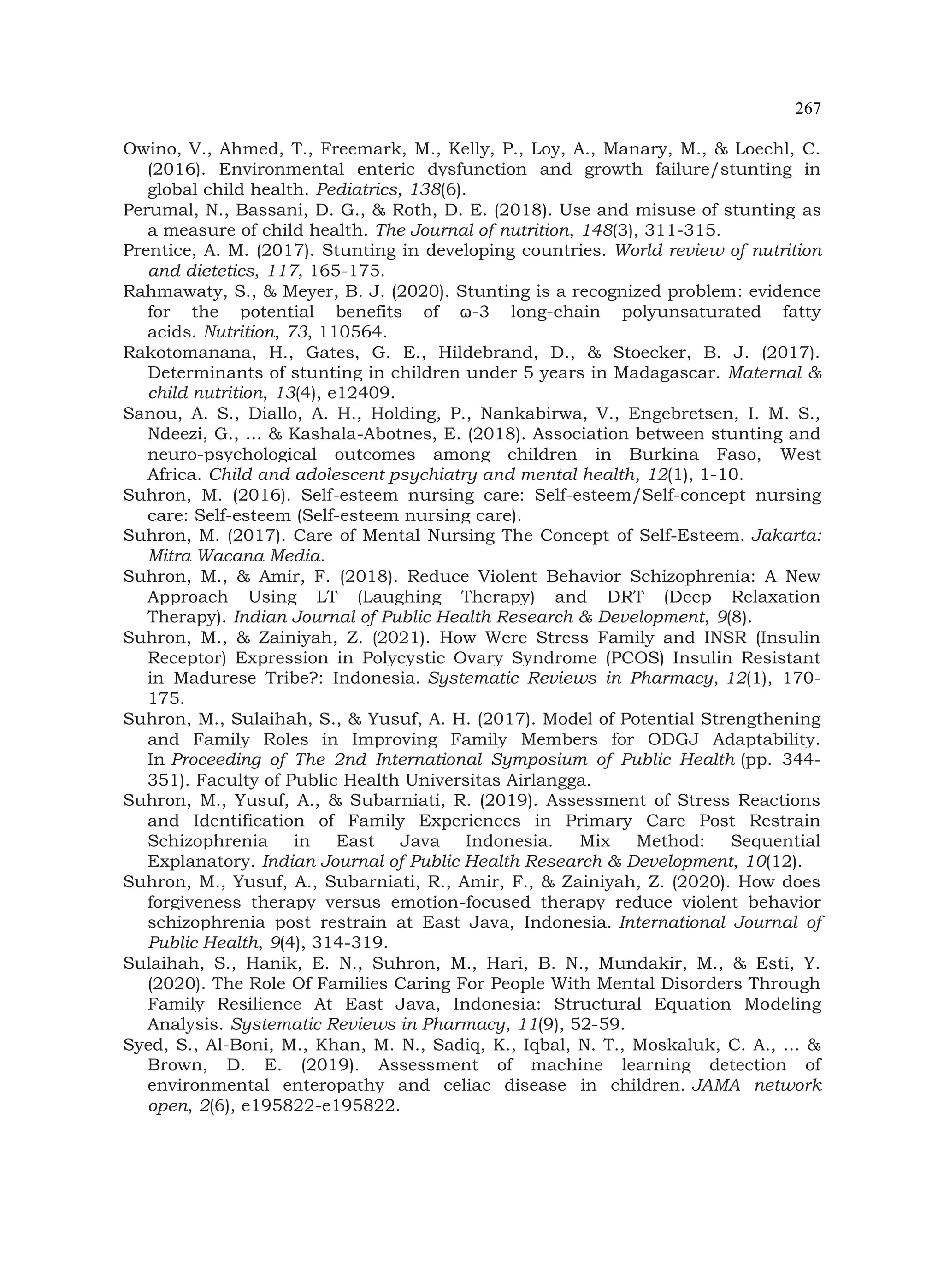 267
Owino, V., Ahmed, T., Freemark, M., Kelly, P., Loy, A., Manary, M., & Loechl, C.
(2016). Environmental enteric dysfunction and growth failure/stunting in
global child health. Pediatrics, 138(6).
Perumal, N., Bassani, D. G., & Roth, D. E. (2018). Use and misuse of stunting as
a measure of child health. The Journal of nutrition, 148(3), 311-315.
Prentice, A. M. (2017). Stunting in developing countries. World review of nutrition
and dietetics, 117, 165-175.
Rahmawaty, S., & Meyer, B. J. (2020). Stunting is a recognized problem: evidence
for the potential benefits of ω-3 long-chain polyunsaturated fatty
acids. Nutrition, 73, 110564.
Rakotomanana, H., Gates, G. E., Hildebrand, D., & Stoecker, B. J. (2017).
Determinants of stunting in children under 5 years in Madagascar. Maternal &
child nutrition, 13(4), e12409.
Sanou, A. S., Diallo, A. H., Holding, P., Nankabirwa, V., Engebretsen, I. M. S.,
Ndeezi, G., ... & Kashala-Abotnes, E. (2018). Association between stunting and
neuro-psychological outcomes among children in Burkina Faso, West
Africa. Child and adolescent psychiatry and mental health, 12(1), 1-10.
Suhron, M. (2016). Self-esteem nursing care: Self-esteem/Self-concept nursing
care: Self-esteem (Self-esteem nursing care).
Suhron, M. (2017). Care of Mental Nursing The Concept of Self-Esteem. Jakarta:
Mitra Wacana Media.
Suhron, M., & Amir, F. (2018). Reduce Violent Behavior Schizophrenia: A New
Approach Using LT (Laughing Therapy) and DRT (Deep Relaxation
Therapy). Indian Journal of Public Health Research & Development, 9(8).
Suhron, M., & Zainiyah, Z. (2021). How Were Stress Family and INSR (Insulin
Receptor) Expression in Polycystic Ovary Syndrome (PCOS) Insulin Resistant
in Madurese Tribe?: Indonesia. Systematic Reviews in Pharmacy, 12(1), 170-
175.
Suhron, M., Sulaihah, S., & Yusuf, A. H. (2017). Model of Potential Strengthening
and Family Roles in Improving Family Members for ODGJ Adaptability.
In Proceeding of The 2nd International Symposium of Public Health (pp. 344-
351). Faculty of Public Health Universitas Airlangga.
Suhron, M., Yusuf, A., & Subarniati, R. (2019). Assessment of Stress Reactions
and Identification of Family Experiences in Primary Care Post Restrain
Schizophrenia in East Java Indonesia. Mix Method: Sequential
Explanatory. Indian Journal of Public Health Research & Development, 10(12).
Suhron, M., Yusuf, A., Subarniati, R., Amir, F., & Zainiyah, Z. (2020). How does
forgiveness therapy versus emotion-focused therapy reduce violent behavior
schizophrenia post restrain at East Java, Indonesia. International Journal of
Public Health, 9(4), 314-319.
Sulaihah, S., Hanik, E. N., Suhron, M., Hari, B. N., Mundakir, M., & Esti, Y.
(2020). The Role Of Families Caring For People With Mental Disorders Through
Family Resilience At East Java, Indonesia: Structural Equation Modeling
Analysis. Systematic Reviews in Pharmacy, 11(9), 52-59.
Syed, S., Al-Boni, M., Khan, M. N., Sadiq, K., Iqbal, N. T., Moskaluk, C. A., ... &
Brown, D. E. (2019). Assessment of machine learning detection of
environmental enteropathy and celiac disease in children. JAMA network
open, 2(6), e195822-e195822.
 