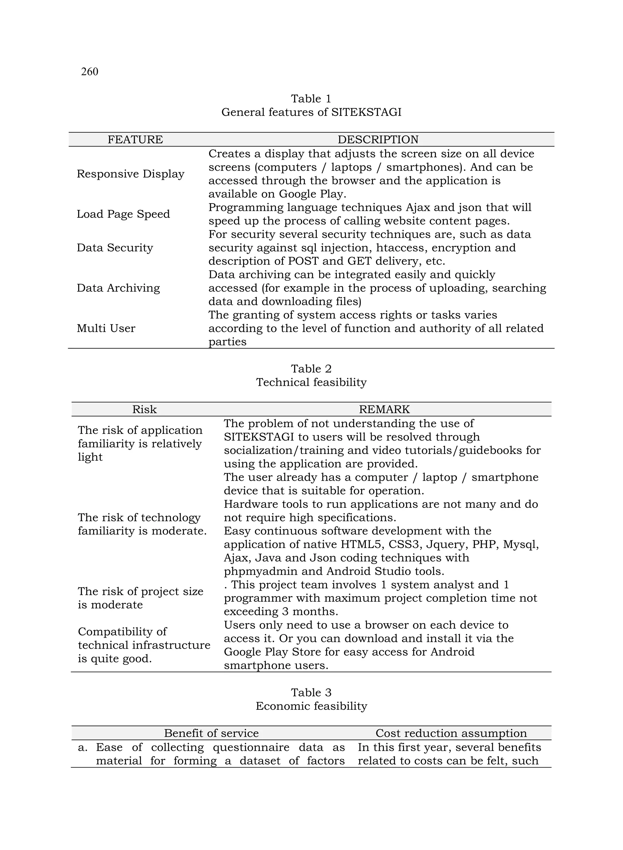260
Table 1
General features of SITEKSTAGI
FEATURE DESCRIPTION
Responsive Display
Creates a display that adjusts the screen size on all device
screens (computers / laptops / smartphones). And can be
accessed through the browser and the application is
available on Google Play.
Load Page Speed
Programming language techniques Ajax and json that will
speed up the process of calling website content pages.
Data Security
For security several security techniques are, such as data
security against sql injection, htaccess, encryption and
description of POST and GET delivery, etc.
Data Archiving
Data archiving can be integrated easily and quickly
accessed (for example in the process of uploading, searching
data and downloading files)
Multi User
The granting of system access rights or tasks varies
according to the level of function and authority of all related
parties
Table 2
Technical feasibility
Risk REMARK
The risk of application
familiarity is relatively
light
The problem of not understanding the use of
SITEKSTAGI to users will be resolved through
socialization/training and video tutorials/guidebooks for
using the application are provided.
The risk of technology
familiarity is moderate.
The user already has a computer / laptop / smartphone
device that is suitable for operation.
Hardware tools to run applications are not many and do
not require high specifications.
Easy continuous software development with the
application of native HTML5, CSS3, Jquery, PHP, Mysql,
Ajax, Java and Json coding techniques with
phpmyadmin and Android Studio tools.
The risk of project size
is moderate
. This project team involves 1 system analyst and 1
programmer with maximum project completion time not
exceeding 3 months.
Compatibility of
technical infrastructure
is quite good.
Users only need to use a browser on each device to
access it. Or you can download and install it via the
Google Play Store for easy access for Android
smartphone users.
Table 3
Economic feasibility
Benefit of service Cost reduction assumption
a. Ease of collecting questionnaire data as
material for forming a dataset of factors
In this first year, several benefits
related to costs can be felt, such
 