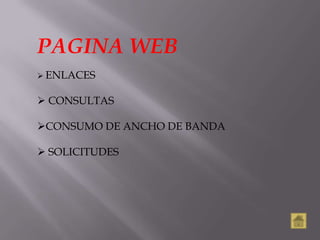 PAGINA WEB
 ENLACES


 CONSULTAS

CONSUMO DE ANCHO DE BANDA

 SOLICITUDES
 