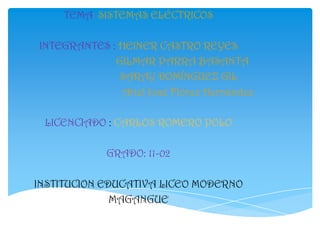 TEMA: SISTEMAS ELÉCTRICOS
INTEGRANTES : HEINER CASTRO REYES
GILMAR PARRA BASANTA
SARAY DOMÍNGUEZ GIL
Ariel José Flórez Her...