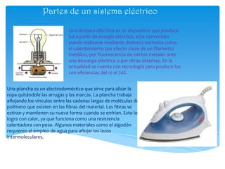 Partes de un sistema eléctrico
Una lámpara eléctrica es un dispositivo que produce
luz a partir de energía eléctrica, esta...
