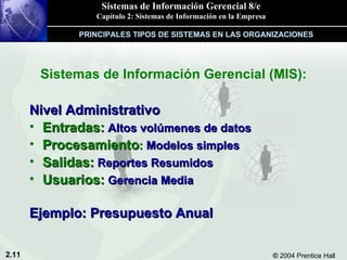 Sistemas de Información Gerencial (MIS): Nivel Administrativo Entradas:  Altos volúmenes de datos Procesamiento :  Modelos simples Salidas:  Reportes Resumidos Usuarios:  Gerencia Media Ejemplo: Presupuesto Anual PRINCIPALES TIPOS DE SISTEMAS EN LAS ORGANIZACIONES 