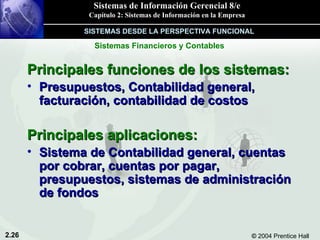 Principales funciones de los sistemas: Presupuestos, Contabilidad general, facturación, contabilidad de costos Principales aplicaciones: Sistema de Contabilidad general, cuentas por cobrar, cuentas por pagar, presupuestos, sistemas de administración de fondos Sistemas Financieros y Contables SISTEMAS DESDE LA PERSPECTIVA FUNCIONAL 