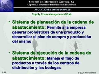Sistema de planeación de la cadena de abastecimiento:   Permite a la empresa generar pronósticos de una producto y desarrollar el plan de compra y producción del mismo Sistema de ejecución de la cadena de abastecimiento:   Maneja el flujo de productos a través de los centros de distribución y las bodegas Supply Chain Management (SCM) APLICACIONES EMPRESARIALES 