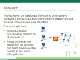 Cortafuegos
Técnicamente, un cortafuegos (firewall) es un dispositivo
hardware o software que tiene como objetivo proteger una red
de otras redes a las que está conectado
Funcionan aplicando:
●
Filtros que buscan
determinados patrones en
el tráfico de red
●
Reglas de filtrado que
especifican las acciones
que deben llevarse a cabo
cuando se encuentren
estos patrones
 
