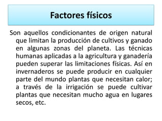 Factores físicos
Son aquellos condicionantes de origen natural
que limitan la producción de cultivos y ganado
en algunas zonas del planeta. Las técnicas
humanas aplicadas a la agricultura y ganadería
pueden superar las limitaciones físicas. Así en
invernaderos se puede producir en cualquier
parte del mundo plantas que necesitan calor;
a través de la irrigación se puede cultivar
plantas que necesitan mucho agua en lugares
secos, etc.

 