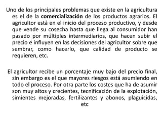 Uno de los principales problemas que existe en la agricultura
es el de la comercialización de los productos agrarios. El
agricultor está en el inicio del proceso productivo, y desde
que vende su cosecha hasta que llega al consumidor han
pasado por múltiples intermediarios, que hacen subir el
precio e influyen en las decisiones del agricultor sobre que
sembrar, como hacerlo, que calidad de producto se
requieren, etc.
El agricultor recibe un porcentaje muy bajo del precio final,
sin embargo es el que mayores riesgos está asumiendo en
todo el proceso. Por otra parte los costes que ha de asumir
son muy altos y crecientes, tecnificación de la explotación,
simientes mejoradas, fertilizantes y abonos, plaguicidas,
etc

 