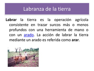 Labranza de la tierra
Labrar la tierra es la operación agrícola
consistente en trazar surcos más o menos
profundos con una herramienta de mano o
con un arado. La acción de labrar la tierra
mediante un arado es referida como arar.

 