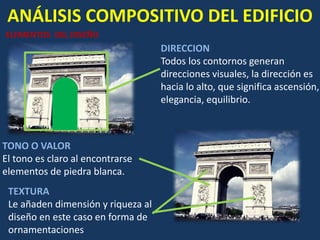 ANÁLISIS COMPOSITIVO DEL EDIFICIO
ELEMENTOS DEL DISEÑO
DIRECCION
Todos los contornos generan
direcciones visuales, la dirección es
hacia lo alto, que significa ascensión,
elegancia, equilibrio.
TONO O VALOR
El tono es claro al encontrarse
elementos de piedra blanca.
TEXTURA
Le añaden dimensión y riqueza al
diseño en este caso en forma de
ornamentaciones
 
