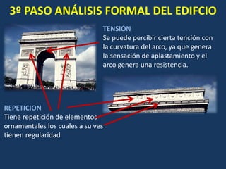 3º PASO ANÁLISIS FORMAL DEL EDIFCIO
TENSIÓN
Se puede percibir cierta tención con
la curvatura del arco, ya que genera
la sensación de aplastamiento y el
arco genera una resistencia.
REPETICION
Tiene repetición de elementos
ornamentales los cuales a su ves
tienen regularidad
 