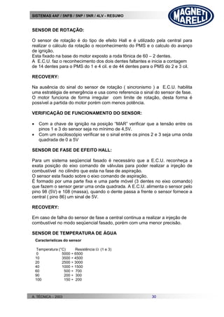 SISTEMAS 4AF / 5NFB / 5NP / 5NR / 4LV - RESUMO
A. TÉCNICA – 2003 30
SENSOR DE ROTAÇÃO:
O sensor de rotação é do tipo de efeito Hall e é utilizado pela central para
realizar o cálculo da rotação o reconhecimento do PMS e o calculo do avanço
de ignição.
Esta fixado na base do motor exposto a roda fônica de 60 – 2 dentes.
A E.C.U. faz o reconhecimento dos dois dentes faltantes e inicia a contagem
de 14 dentes para o PMS do 1 e 4 cil. e de 44 dentes para o PMS do 2 e 3 cil.
RECOVERY:
Na ausência do sinal do sensor de rotação ( sincronismo ) a E.C.U. habilita
uma estratégia de emergência e usa como referencia o sinal do sensor de fase.
O motor funciona de forma irregular com limite de rotação, desta forma é
possível a partida do motor porém com menos potência.
VERIFICAÇÃO DE FUNCIONAMENTO DO SENSOR:
 Com a chave de ignição na posição “MAR” verificar que a tensão entre os
pinos 1 e 3 do sensor seja no mínimo de 4,5V.
 Com um osciloscópio verificar se o sinal entre os pinos 2 e 3 seja uma onda
quadrada de 0 a 5V
SENSOR DE FASE DE EFEITO HALL:
Para um sistema seqüencial fasado é necessário que a E.C.U. reconheça a
exata posição do eixo comando de válvulas para poder realizar a injeção de
combustível no cilindro que esta na fase de aspiração.
O sensor esta fixado sobre o eixo comando de aspiração.
É formado por uma parte fixa e uma parte móvel (3 dentes no eixo comando)
que fazem o sensor gerar uma onda quadrada. A E.C.U. alimenta o sensor pelo
pino 98 (5V) e 108 (massa), quando o dente passa a frente o sensor fornece a
central ( pino 86) um sinal de 5V.
RECOVERY:
Em caso de falha do sensor de fase a central continua a realizar a injeção de
combustível no modo seqüencial fasado, porém com uma menor precisão.
SENSOR DE TEMPERATURA DE ÁGUA
Caracteristicas do sensor
Temperatura (°C) Resistência (1 e 3)
0 5000 ÷ 6500
10 3500 ÷ 4500
20 2500 ÷ 3000
40 1000 ÷ 1500
60 500 ÷ 700
90 200 ÷ 300
100 150 ÷ 200
 