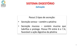 Possui 2 tipos de secreção:
• Secreção serosa – contém a ptialina
• Secreção mucosa – contém mucina que
lubrifica e protege. Possui PH entre 6 e 7.4,
favorável a ação digestiva da ptialina
20
SISTEMA DIGESTÓRIO
Salivação
 