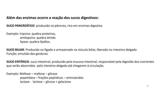 Além das enzimas ocorre a reação dos sucos digestivos:
SUCO PANCREÁTICO: produzido no pâncrea, rico em enzimas digestiva
Exemplo: tripsina: quebra proteínas,
amilopsina: quebra ámido
lipase: quebra lípidios.
SUCO BILIAR: Produzido no fígado e armazenado na vísicula biliar, liberado no intestino delgado
Função: emulsão das gorduras
SUCO ENTÉRICO: suco intestinal, produzido pela mucosa intestinal, responsável pela digestão dos nutrientes
que serão absorvidos pelo intestino delgado até chegarem à circulação.
Exemplo: Maltase – maltose – glicose
pepetidase – frações peptidicas – aminoácidos
lactase - lactose – glicose + galactose
46
 