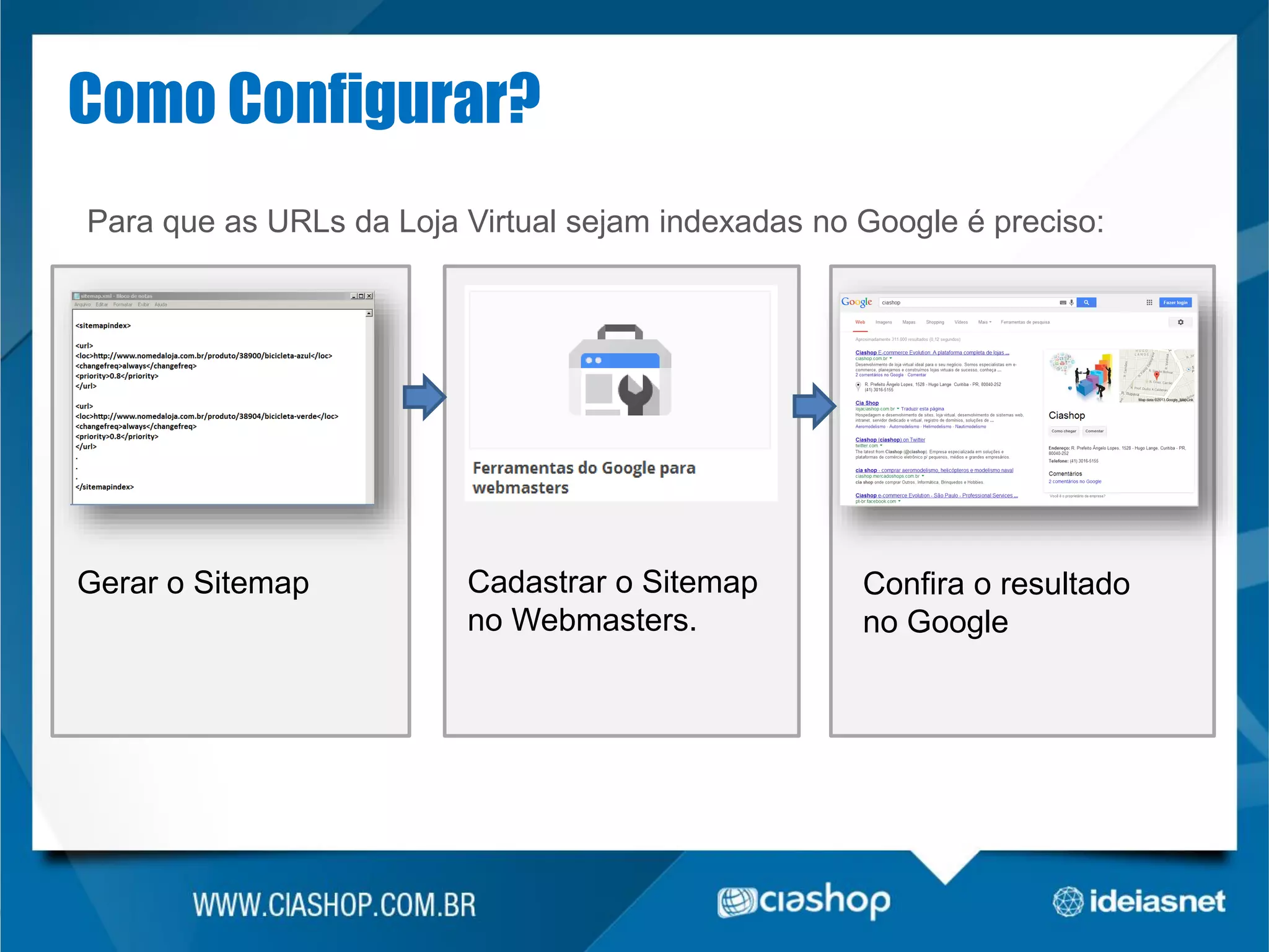 Como Configurar?
Para que as URLs da Loja Virtual sejam indexadas no Google é preciso:

Gerar o Sitemap

Cadastrar o Sitemap
no Webmasters.

Confira o resultado
no Google

 