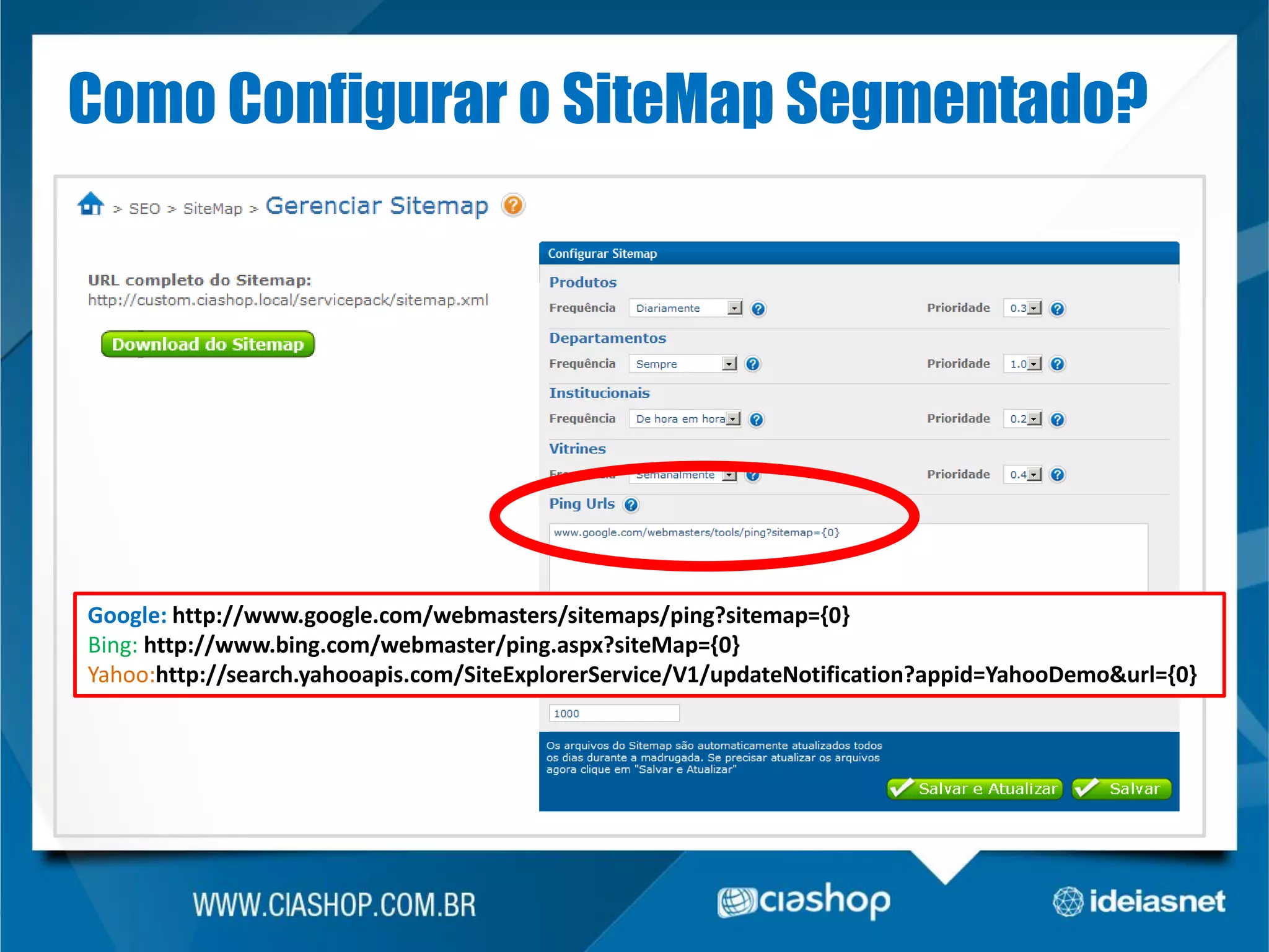 Como Configurar o SiteMap Segmentado?

Google: http://www.google.com/webmasters/sitemaps/ping?sitemap={0}
Bing: http://www.bing.com/webmaster/ping.aspx?siteMap={0}
Yahoo:http://search.yahooapis.com/SiteExplorerService/V1/updateNotification?appid=YahooDemo&url={0}

 
