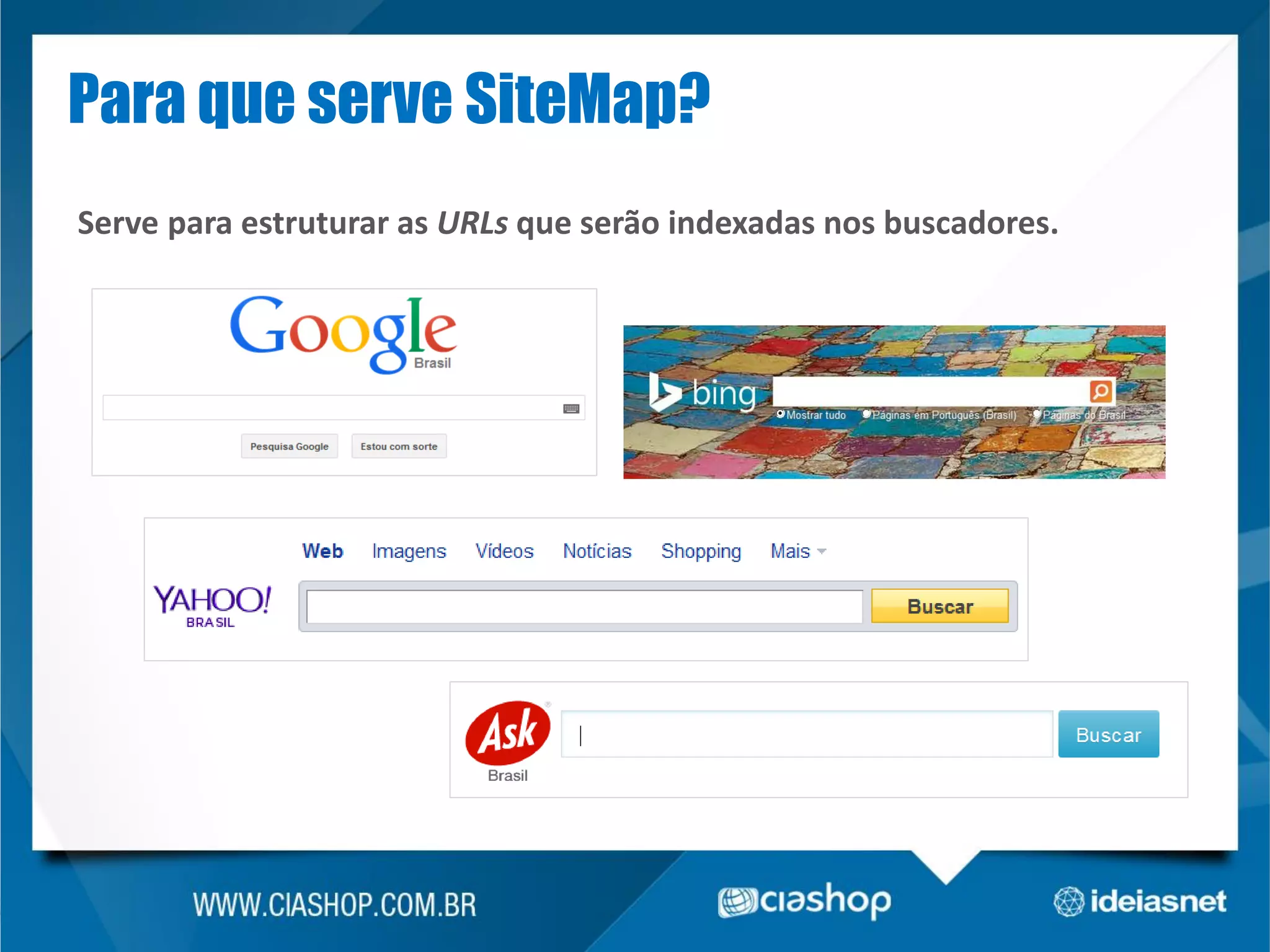 Para que serve SiteMap?
Serve para estruturar as URLs que serão indexadas nos buscadores.

 