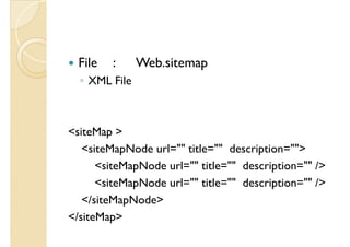 File : Web.sitemap
◦ XML File◦ XML File
<siteMap >
<siteMapNode url="" title="" description="">
<siteMapNode url="" title="" description="" /><siteMapNode url="" title="" description="" />
<siteMapNode url="" title="" description="" />
</siteMapNode>
</siteMap>
 