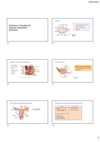 21/07/2022
3
Estrutura e funções do
sistema reprodutor
feminino
Sistema reprodutor feminino
• Canal vaginal
• Colo do útero
• Útero
• Tubas uterinas
• Fímbrias
• Ovários
Fonte: Adaptado de Blausen.com staff (2014)/Wikimedia commons.
Útero
Fímbrias
Tuba uterina
Ovário
Reto
Uretra
Vagina
Clitóris
Lábio menor
Lábio maior
Cérvix uterino
Colo do útero
Escavaçãoretouterina
Escavação
vesicouterina
Glândulas
vestibulares
maiores
Estruturas reprodutivas internas
Útero
Canal cervical
Fímbrias
Cavidade
uterina
Tuba
uterina
Ovário
Colo do útero
(cérvix)
Vagina
Fonte: SIVERTHORN, D.U. Fisiologia
humana: uma abordagem integrada. 7.
ed. Porto Alegre: Artmed, 2017.
Ovário
• Córtex (estroma contém os
folículos ovarianos);
• Medula (vasos, nervos e
estroma).
Fonte: SIVERTHORN, D.U.
Fisiologia humana:
uma abordagem
integrada. 7. ed. Porto
Alegre: Artmed, 2017.
Ciclo ovariano
Ovulação
Evento chave para a ovulação:
• Picos de gonadotrofinas induzidos
pelo GnRH.
FSH
LH
Fonte: Modificado de FOX, S. I.
Fisiologia humana. 7. ed.
Barueri: Manole, 2007.
Estrogênios Progesterona
 Desenvolvimento dos caracteres sexuais
secundários:
• crescimento e desenvolvimento da mama;
• crescimento de pelos pubianos;
• padrão feminino de deposição de gorduras
 Crescimento da genitália interna e externa
 Manutenção do libido
 Regulação do ciclo menstrual
 Completa a maturação óssea e
manutenção da densidade óssea
 Regulação do ciclo menstrual
 Desenvolvimento da mama
 Prepara o útero para gestação
Efeitos dos hormônios sexuais femininos
13
14
15
16
17
18
 
