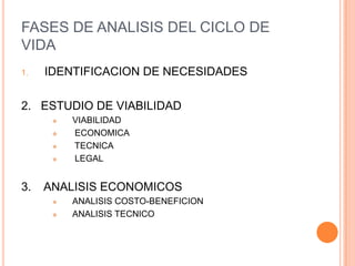 FASES DE ANALISIS DEL CICLO DE
VIDA
1.   IDENTIFICACION DE NECESIDADES

2. ESTUDIO DE VIABILIDAD
         VIABILIDAD
         ECONOMICA
         TECNICA
         LEGAL


3.   ANALISIS ECONOMICOS
         ANALISIS COSTO-BENEFICION
         ANALISIS TECNICO
 