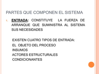 PARTES QUE COMPONEN EL SISTEMA
1.   ENTRADA: CONSTITUYE  LA FUERZA DE
     ARRANQUE QUE SUMINISTRA AL SISTEMA
     SUS NECESIDADES


     EXISTEN CUATRO TIPOS DE ENTRADA:
     EL OBJETO DEL PROCESO
     INSUMOS
     ACTORES ESTRUCTURALES
     CONDICIONANTES
 