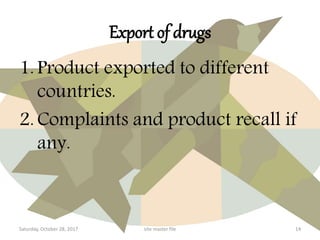 Export of drugs
1. Product exported to different
countries.
2. Complaints and product recall if
any.
Saturday, October 28, 2017 14site master file
 