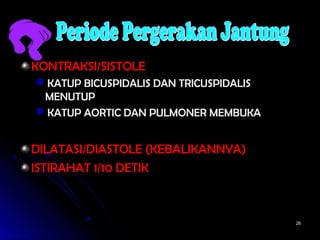 2626
KONTRAKSI/SISTOLEKONTRAKSI/SISTOLE
KATUP BICUSPIDALIS DAN TRICUSPIDALISKATUP BICUSPIDALIS DAN TRICUSPIDALIS
MENUTUPMENUTUP
KATUP AORTIC DAN PULMONER MEMBUKAKATUP AORTIC DAN PULMONER MEMBUKA
DILATASI/DIASTOLE (KEBALIKANNYA)DILATASI/DIASTOLE (KEBALIKANNYA)
ISTIRAHAT 1/10 DETIKISTIRAHAT 1/10 DETIK
 