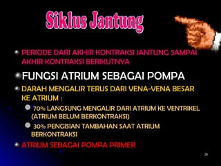 2828
PERIODE DARI AKHIR KONTRAKSI JANTUNG SAMPAIPERIODE DARI AKHIR KONTRAKSI JANTUNG SAMPAI
AKHIR KONTRAKSI BERIKUTNYAAKHIR KONTRAKSI BERIKUTNYA
FUNGSI ATRIUM SEBAGAI POMPAFUNGSI ATRIUM SEBAGAI POMPA
DARAH MENGALIR TERUS DARI VENA-VENA BESARDARAH MENGALIR TERUS DARI VENA-VENA BESAR
KE ATRIUM :KE ATRIUM :
70% LANGSUNG MENGALIR DARI ATRIUM KE VENTRIKEL70% LANGSUNG MENGALIR DARI ATRIUM KE VENTRIKEL
(ATRIUM BELUM BERKONTRAKSI)(ATRIUM BELUM BERKONTRAKSI)
30% PENGISIAN TAMBAHAN SAAT ATRIUM30% PENGISIAN TAMBAHAN SAAT ATRIUM
BERKONTRAKSIBERKONTRAKSI
ATRIUM SEBAGAI POMPA PRIMERATRIUM SEBAGAI POMPA PRIMER
 