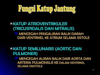 3131
KATUP ATRIOVENTRIKULERKATUP ATRIOVENTRIKULER
(TRICUSPIDALIS DAN MITRALIS)(TRICUSPIDALIS DAN MITRALIS)
MENCEGAH PENGALIRAN BALIK DARAHMENCEGAH PENGALIRAN BALIK DARAH
DARI VENTRIKEL KE ATRIUM SELAMA SISTOLEDARI VENTRIKEL KE ATRIUM SELAMA SISTOLE
KATUP SEMILUNARIS (AORTIC DANKATUP SEMILUNARIS (AORTIC DAN
PULMONER)PULMONER)
MENCEGAH ALIRAN BALIK DARI AORTA DANMENCEGAH ALIRAN BALIK DARI AORTA DAN
ARTERIA PULMONALIS KEARTERIA PULMONALIS KE DALAM VENTRIKELDALAM VENTRIKEL
SELAMA DIASTOLESELAMA DIASTOLE
 