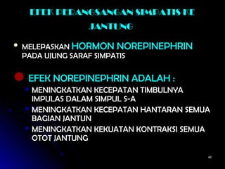 4646
EFEK PERANGSANGAN SIMPATIS KEEFEK PERANGSANGAN SIMPATIS KE
JANTUNGJANTUNG
 MELEPASKANMELEPASKAN HORMON NOREPINEPHRINHORMON NOREPINEPHRIN
PADA UJUNG SARAF SIMPATISPADA UJUNG SARAF SIMPATIS
EFEK NOREPINEPHRIN ADALAH :EFEK NOREPINEPHRIN ADALAH :
 MENINGKATKAN KECEPATAN TIMBULNYAMENINGKATKAN KECEPATAN TIMBULNYA
IMPULAS DALAM SIMPUL S-AIMPULAS DALAM SIMPUL S-A
 MENINGKATKAN KECEPATAN HANTARAN SEMUAMENINGKATKAN KECEPATAN HANTARAN SEMUA
BAGIAN JANTUNBAGIAN JANTUN
 MENINGKATKAN KEKUATAN KONTRAKSI SEMUAMENINGKATKAN KEKUATAN KONTRAKSI SEMUA
OTOT JANTUNGOTOT JANTUNG
 
