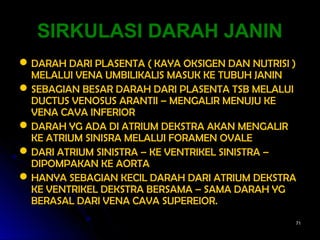7171
SIRKULASI DARAH JANINSIRKULASI DARAH JANIN
DARAH DARI PLASENTA ( KAYA OKSIGEN DAN NUTRISI )DARAH DARI PLASENTA ( KAYA OKSIGEN DAN NUTRISI )
MELALUI VENA UMBILIKALIS MASUK KE TUBUH JANINMELALUI VENA UMBILIKALIS MASUK KE TUBUH JANIN
SEBAGIAN BESAR DARAH DARI PLASENTA TSB MELALUISEBAGIAN BESAR DARAH DARI PLASENTA TSB MELALUI
DUCTUS VENOSUS ARANTII – MENGALIR MENUJU KEDUCTUS VENOSUS ARANTII – MENGALIR MENUJU KE
VENA CAVA INFERIORVENA CAVA INFERIOR
DARAH YG ADA DI ATRIUM DEKSTRA AKAN MENGALIRDARAH YG ADA DI ATRIUM DEKSTRA AKAN MENGALIR
KE ATRIUM SINISRA MELALUI FORAMEN OVALEKE ATRIUM SINISRA MELALUI FORAMEN OVALE
DARI ATRIUM SINISTRA – KE VENTRIKEL SINISTRA –DARI ATRIUM SINISTRA – KE VENTRIKEL SINISTRA –
DIPOMPAKAN KE AORTADIPOMPAKAN KE AORTA
HANYA SEBAGIAN KECIL DARAH DARI ATRIUM DEKSTRAHANYA SEBAGIAN KECIL DARAH DARI ATRIUM DEKSTRA
KE VENTRIKEL DEKSTRA BERSAMA – SAMA DARAH YGKE VENTRIKEL DEKSTRA BERSAMA – SAMA DARAH YG
BERASAL DARI VENA CAVA SUPEREIOR.BERASAL DARI VENA CAVA SUPEREIOR.
 