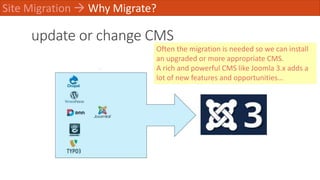 update or change CMS
Site Migration  Why Migrate?
Often the migration is needed so we can install
an upgraded or more app...
