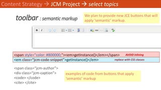 toolbar : semantic markup
Content Strategy  JCM Project  select topics
<span style="color: #800000;"><em>getInstance()</...
